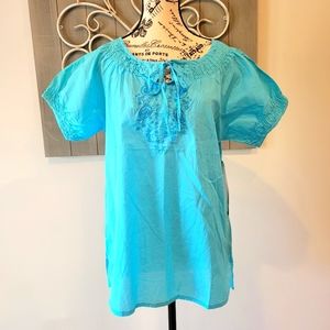 NWT Jane Ashley Women's Ocean Blue Tie Front Embroidered Blouse Size Medium